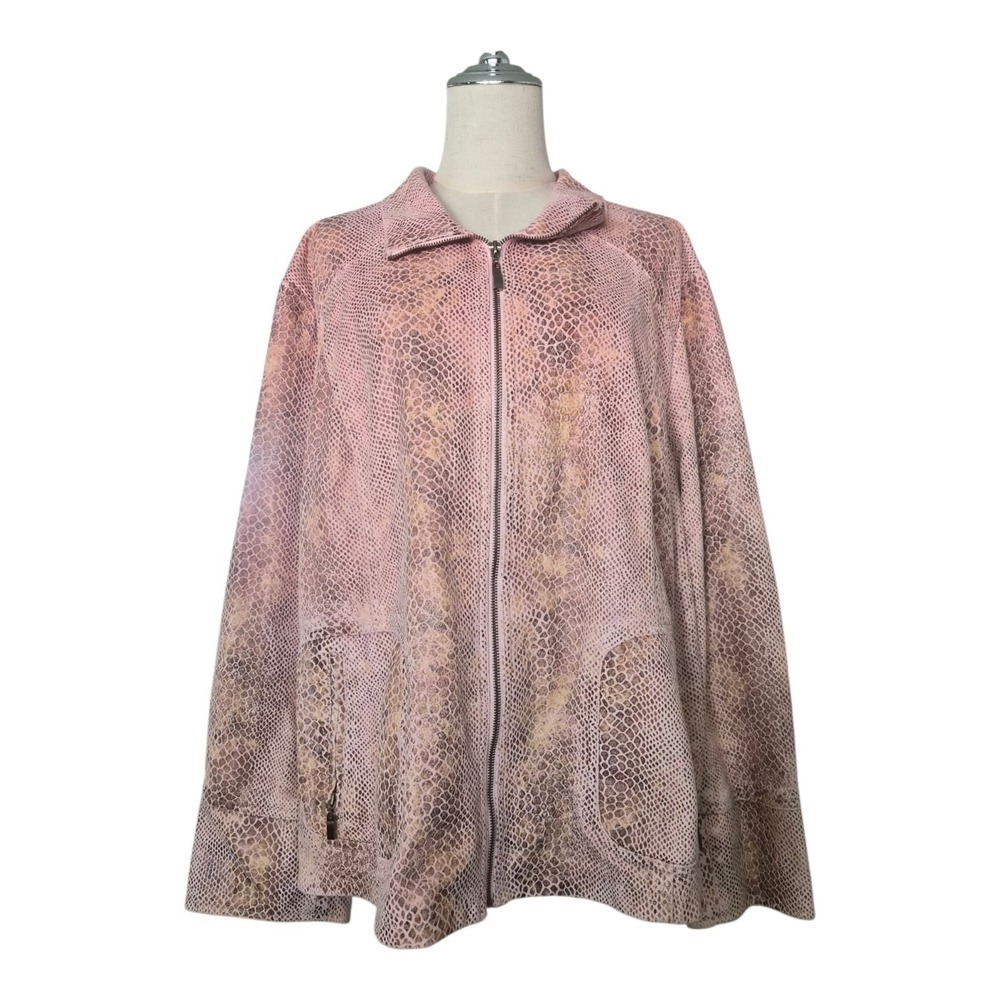 Dialogue 3X Pink Faux Suede Snake Print Zip Jacket Plus Size Moto Animal Print